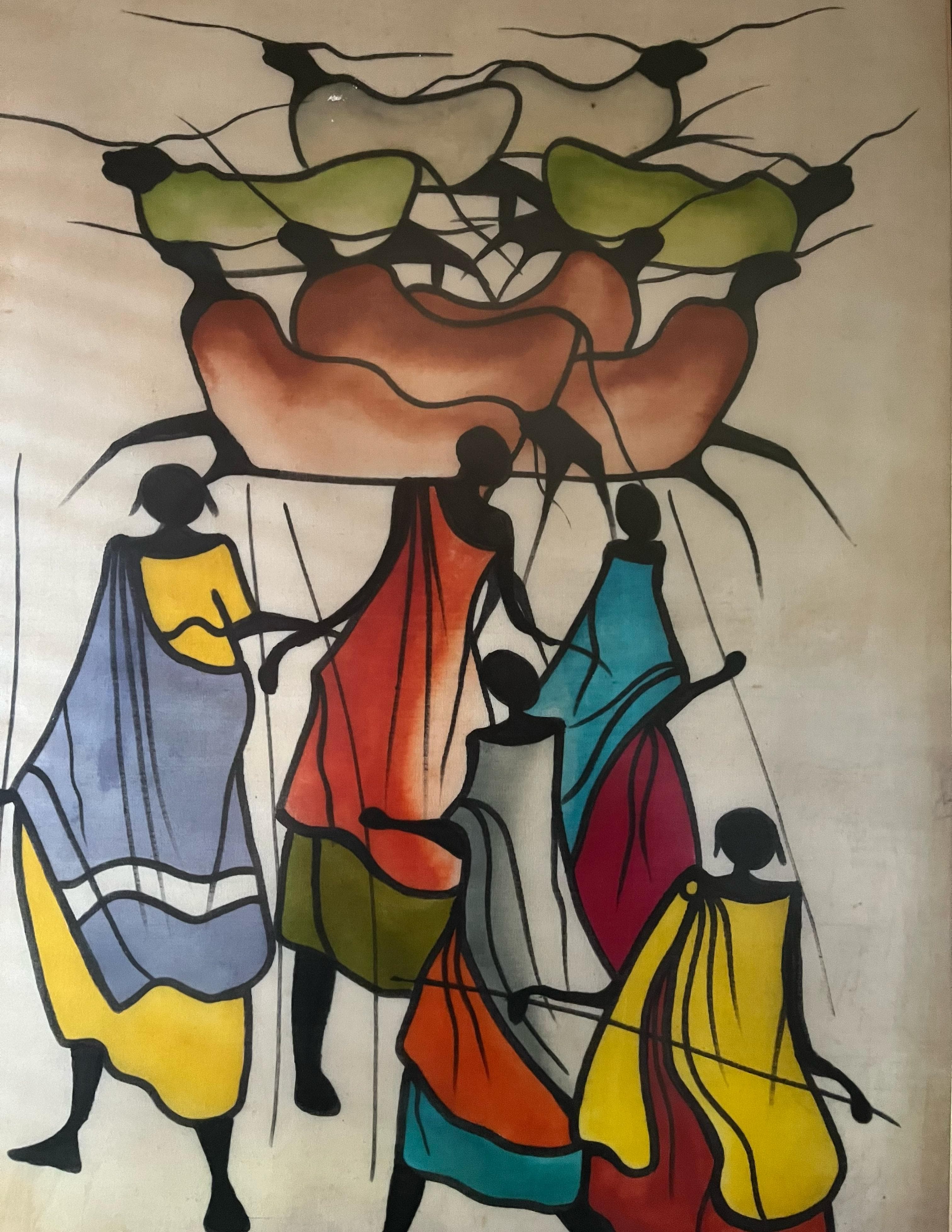 A vibrant figurative painting of robed figures in bright yellows, reds, and blues.